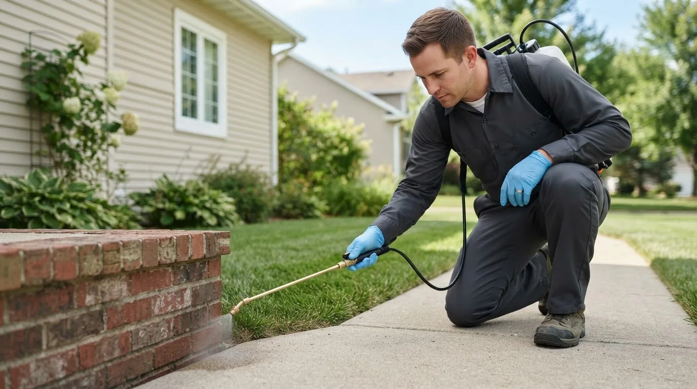 Pest control technician treating a home near Coolville, OH