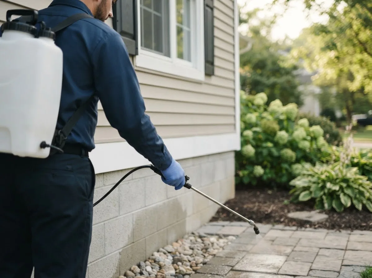 Pest control technician inspecting a home in Coolville, OH